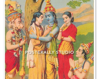 Bharat Sangamam Raja Ravi Verma Print | Folk Art Prints, Ethnic Prints, Indian Lithograph Prints, Wall Decor, Vintage Wall Decor