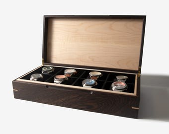 Watch Box - Wenge and Maple Hardwood - 8 Watch Compartments - Personalized Gift
