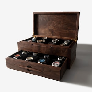 Horlogedoos met lade – massief zwart walnoot – 12 tot 16 horlogevakken – gepersonaliseerd cadeau