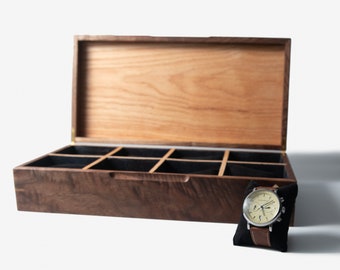 Watch Box - Black Walnut and Oak - 8 Watch Compartments - Personalized Gift