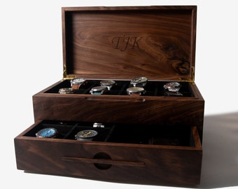 Watch Box with Drawer - Solid Black Walnut - 12 to 16 Watch Compartments - Personalized Gift