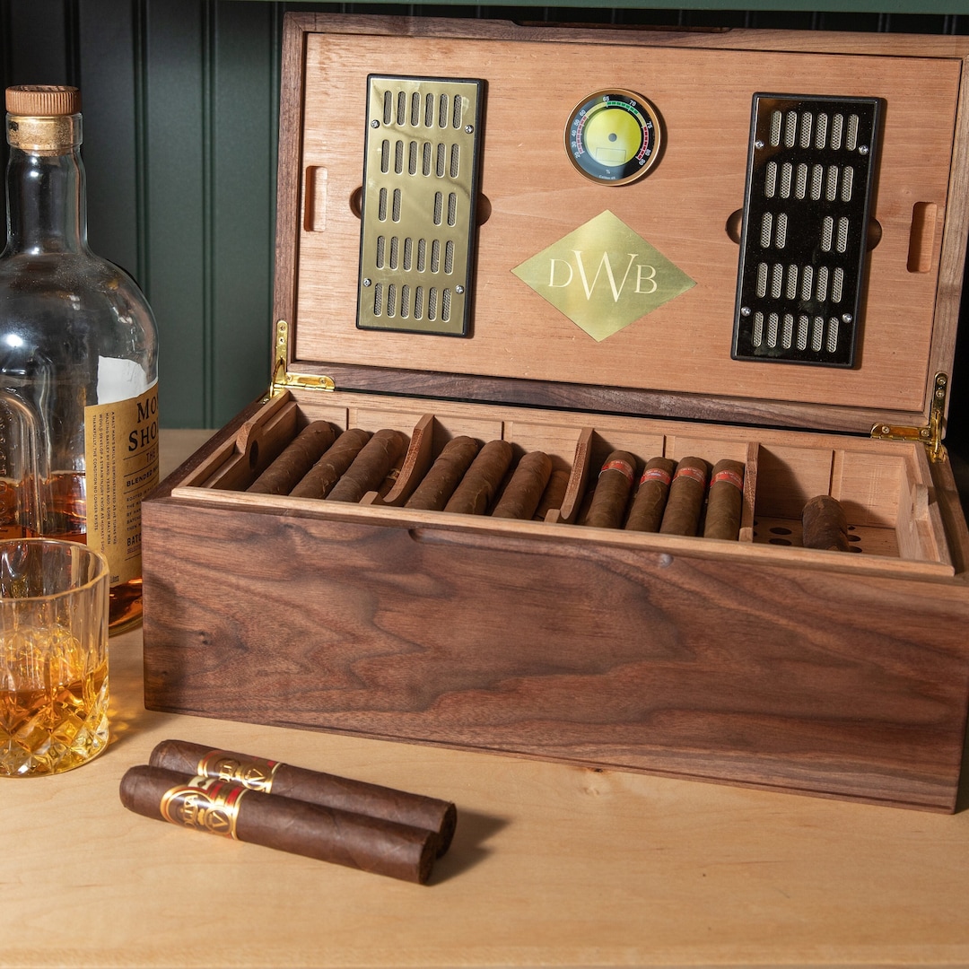 Black Walnut Humidor With Spanish Cedar, Digital Hygrometer, and 2