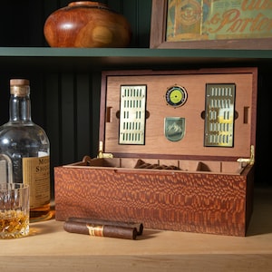 Lacewood Humidor with Spanish Cedar, Digital Hygrometer, and 2 Humidifiers - Large, 80 Churchill-Size Cigars - Personalized Brass Engraving