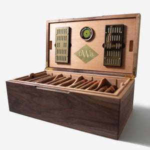 Black Walnut Humidor with Spanish Cedar, Digital Hygrometer, and 2 Humidifiers 80 Churchill-Size Cigars Personalized Brass Engraving image 8