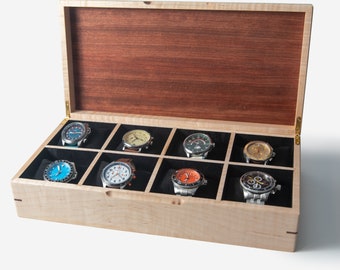 Watch Box - Curly Maple and Sapele Mahogany - 8 Watch Compartments - Personalized Gift