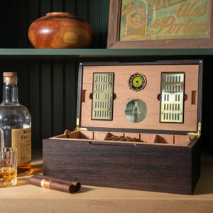 Wenge Humidor with Spanish Cedar, Digital Hygrometer, and 2 Humidifiers - Large, 80 Churchill-Size Cigars - Personalized Brass Engraving