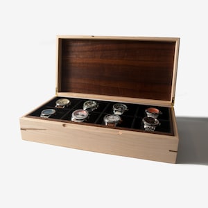 Horlogedoos - gekrulde esdoorn en sapeli-mahonie - 8 horlogecompartimenten - gepersonaliseerd cadeau
