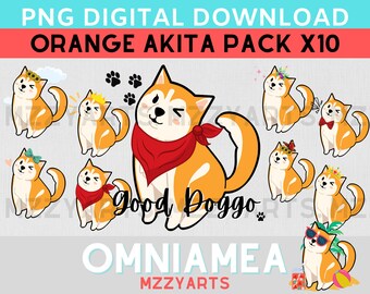Puede incluir: Un conjunto de diez ilustraciones digitales de perros Akita naranja en varias poses y con diferentes accesorios. Los perros llevan coronas, flores, gafas de sol y pajaritas. El texto "Good Doggo" está escrito debajo de la imagen principal.