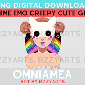 May include: Digital illustration of an anime girl with pink hair wearing a white mask with black eyes and a rainbow background. The girl is covered in colorful paint drips. The text "OMNIAMEA" and "ART BY MZZYARTS" is below the image.