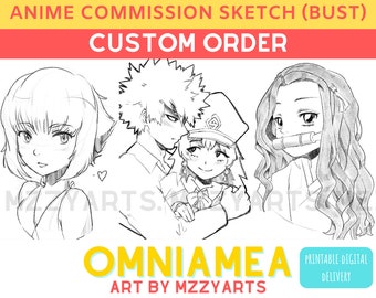 Puede incluir: Un dibujo digital de tres personajes de anime en lápiz. Los personajes son una joven con el pelo corto, un hombre con el pelo de punta y una joven con el pelo largo. El dibujo está etiquetado como "Anime Commission Sketch (Bust) Custom Order" y "Omniamea Art by Mzzyarts".