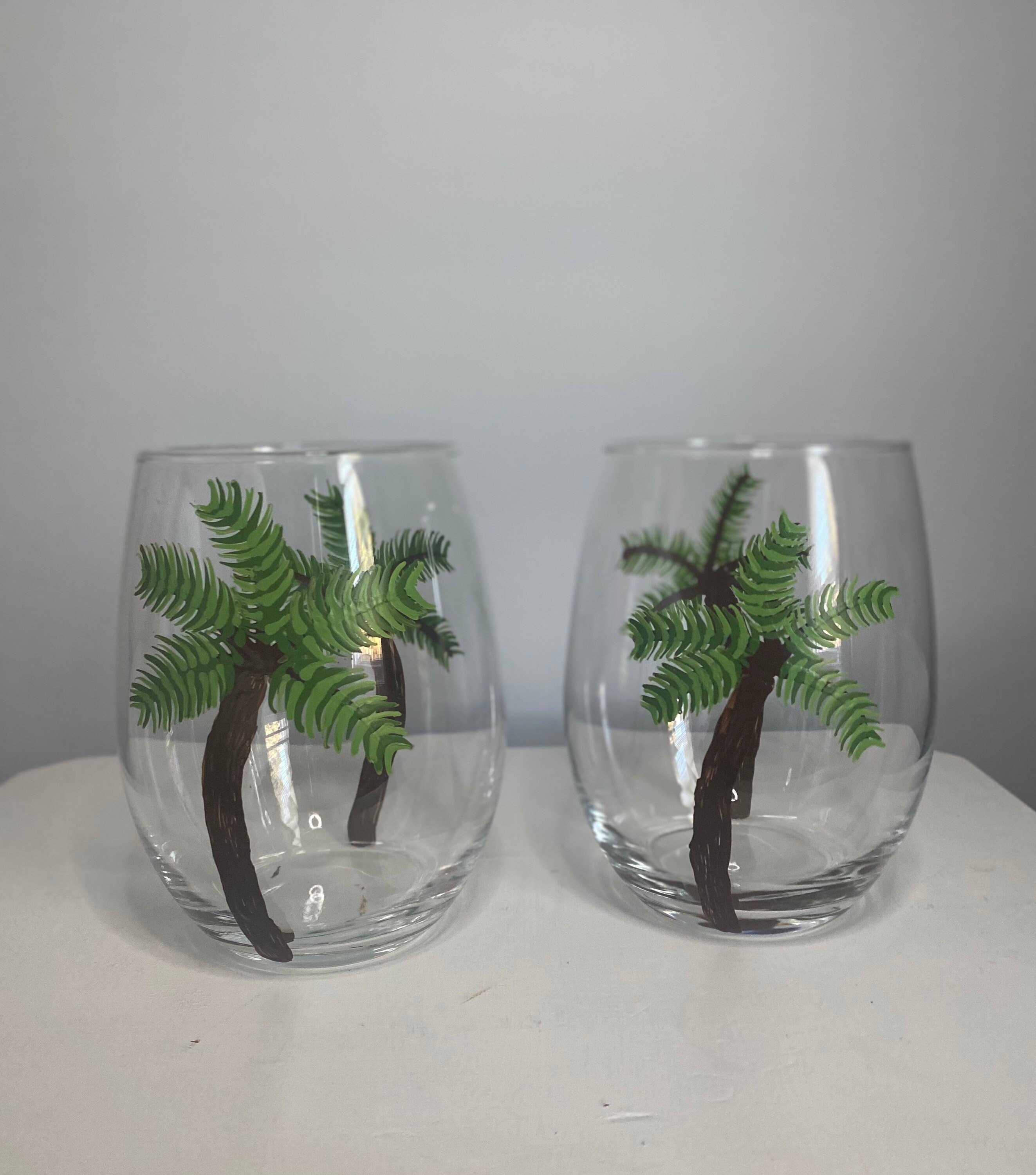 Palm Tree Stemless Wine Glass Set of 4 Etsy