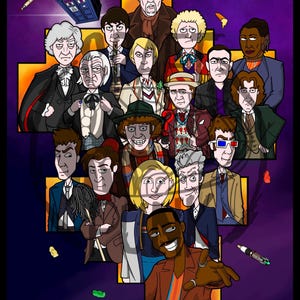 May include: A digital illustration featuring multiple cartoon depictions of characters from a science fiction television series. The characters are arranged on a purple background with a yellow cross design. The characters are wearing various outfits and have different skin tones.