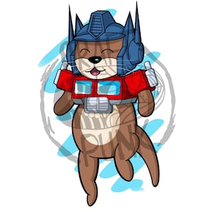 Pode incluir: Ilustração de desenho animado de uma lontra marrom usando um capacete azul e uma placa peitoral vermelha, que se assemelha ao personagem Transformers Optimus Prime. A lontra está sorrindo, com detalhes em azul e cinza no fundo.
