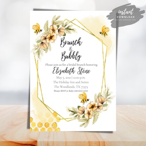 Bee Theme Bridal Shower Invitation | Brunch and Bubbly Invite | Bee Bridal Shower | Bee Shower | Meant to Bee | Instant Download