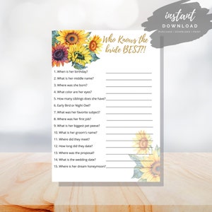 Sunflower Bridal Shower Games Printable | Who Knows Bride Best Bridal Shower Game| Floral Bridal Shower Games | Instant Download