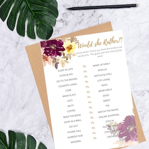 Herbst Blumen Brautparty Spiele zum Ausdrucken | Braut Würde sie Lieber Dusche Spiel | Herbst Blumen Brautparty Spiele | Sofort Download