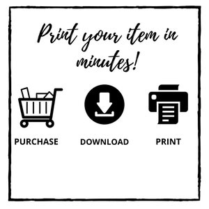 May include: Black and white illustration showing the steps to purchase, download, and print an item. The illustration shows a shopping cart, a download arrow, and a printer.