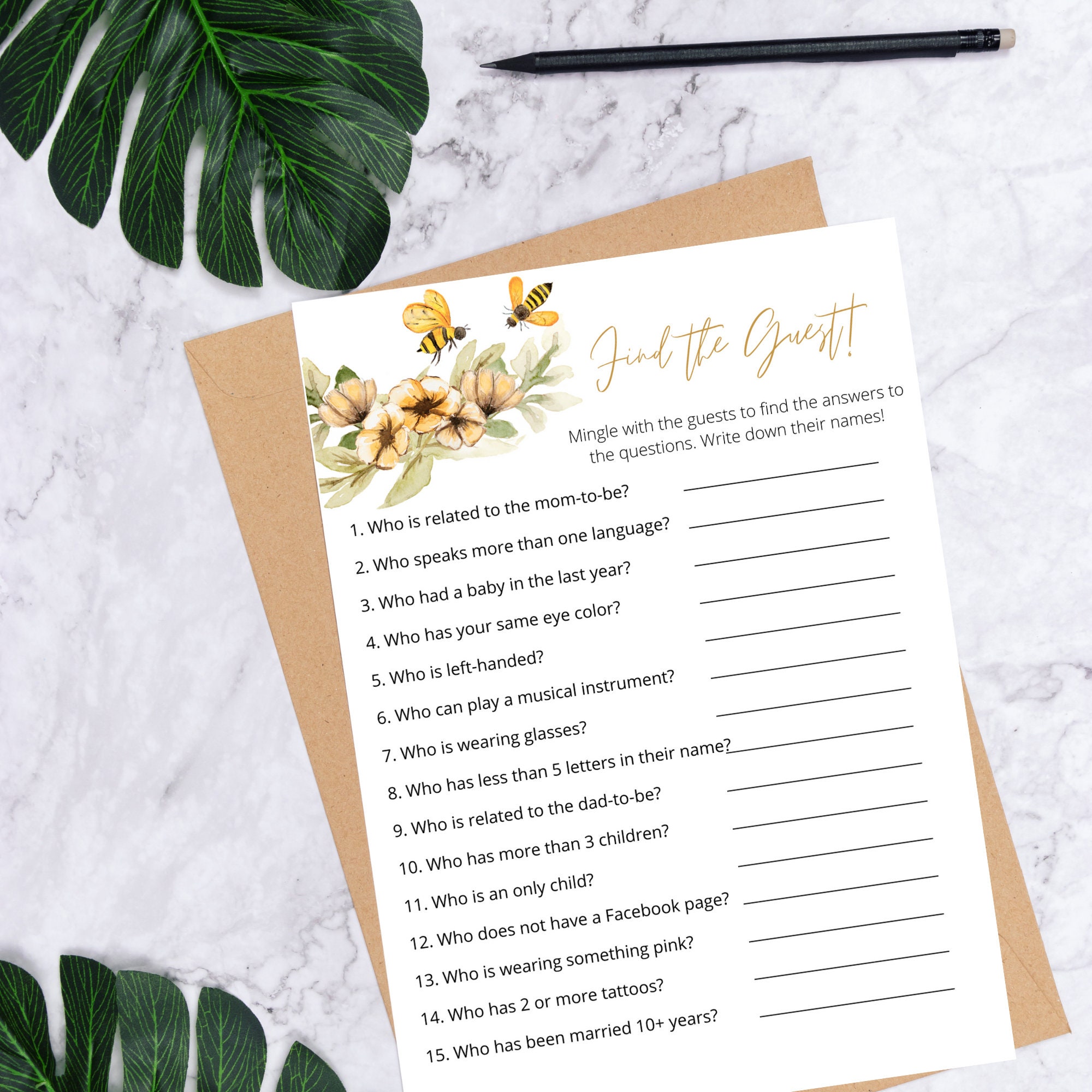 Bee Theme Baby Shower Games Printable | Find the Guest Game | Bee Baby ...