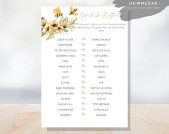 Bee Theme Bridal Shower Games Printable | Would She Rather Shower Game | Bee Bridal Shower Games | Instant Download