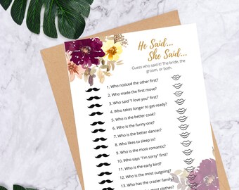 Autumn Floral Bridal Shower Games Printable | He Said, She Said Bridal Shower Game | Fall Floral Bridal Shower Games | Instant Download