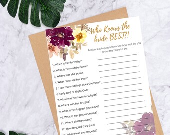 Autumn Floral Bridal Shower Games Printable | Who Knows Bride Best Bridal Shower Game| Fall Floral Bridal Shower Games | Instant Download
