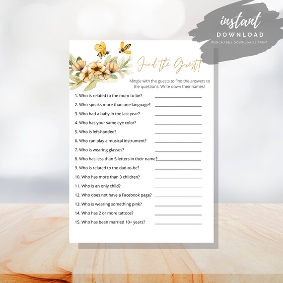 Bee Theme Baby Shower Games Printable Find the Guest Game - Etsy