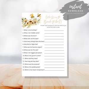 Bee Theme Bridal Shower Games Printable | Who Knows Bride to Bee Best Shower Game | Bee Bridal Shower Games | Instant Download