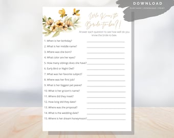 Bee Theme Bridal Shower Games Printable | Who Knows Bride to Bee Best Shower Game | Bee Bridal Shower Games | Instant Download