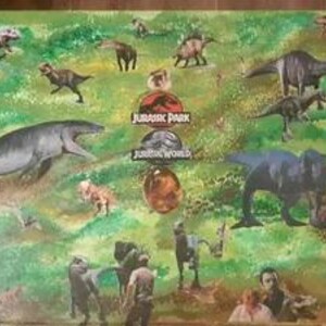 May include: A vibrant painting showcasing diverse dinosaurs amidst a green and brown landscape. The artwork incorporates the logos for "Jurassic Park" and "Jurassic World". Several human figures are also present.