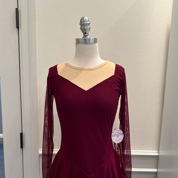 Burgundy figure skating dress with long sleeves - Adult XS