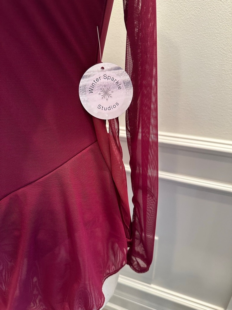 May include: A burgundy long-sleeved mesh leotard with a ruffled hem. The leotard has a white tag attached with the text "Winter Sparkle Studios".