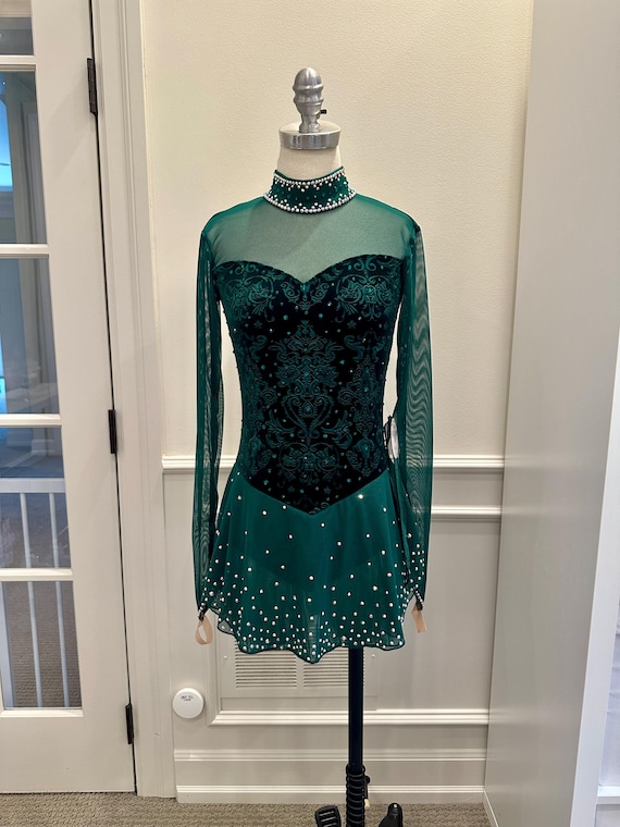 Green velvet long sleeve Adult Small Figure Skating Dress