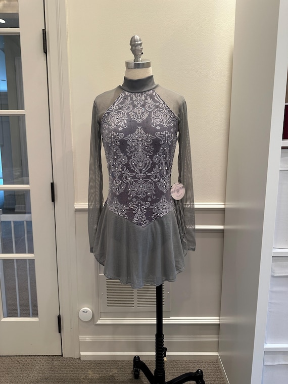 grey skating dress Grey velvet long sleeve figure skating dress Adult Small