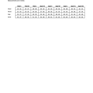 May include: Size chart for clothing in inches. The chart lists sizes for children and adults, with measurements for chest, waist, hips, and girth.