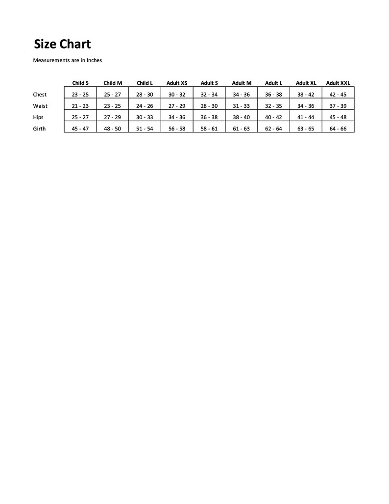 May include: Size chart for clothing in inches. The chart lists sizes for children and adults, with measurements for chest, waist, hips, and girth.