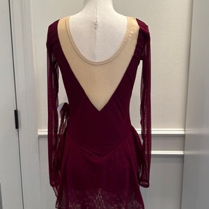 May include: Burgundy long-sleeved dance dress with a sheer mesh overlay and a nude mesh panel in the back.