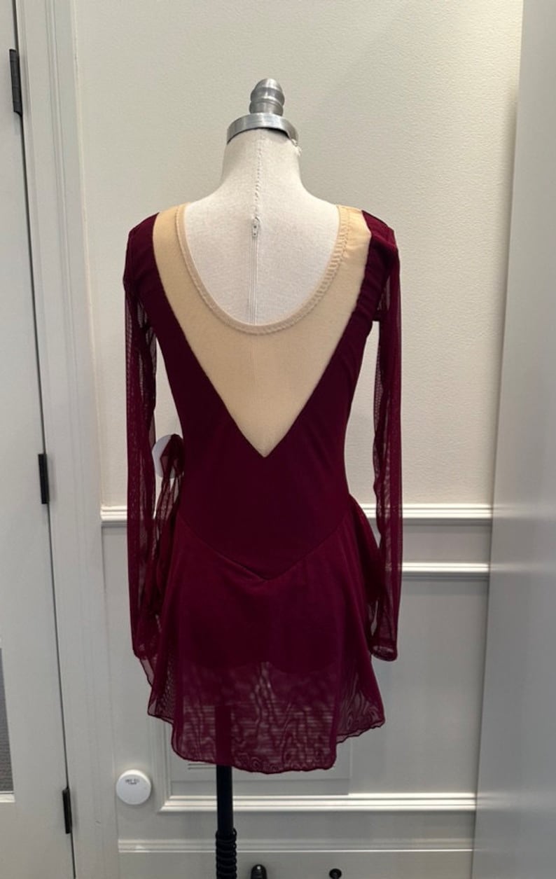 May include: Burgundy long-sleeved dance dress with a sheer mesh overlay and a nude mesh panel in the back.