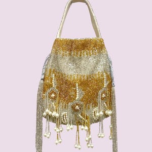 Gold Indian Potli Bag, Bridal Handbag with Pearl Tassels, Evening Statement Bag,  Diwali Gift, Fiza