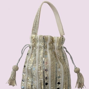 ROSHNI I Silver Indian Bag I Bridal Handbag I Indian Potli Bag I Gifts for Bride I Handmade Wedding Day Bag I Wedding Gift
