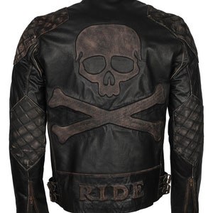 Skull Hand Distressed Men Motorcycle Bikers Leather Jacket