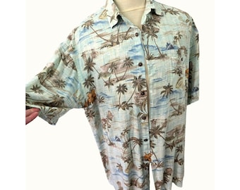 Vintage 90s Pierre Cardin Hawaiian Shirt Mens L 100% Rayon Blue Tropical Aloha