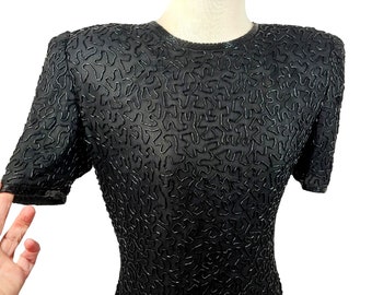80s Black Silk Beaded Sheath Dress Short Sleeve Round Neck Laurence Kazar Sz 8