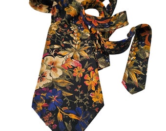 Mallory & Church London Cravate en soie à fleurs multicolores sur noir 3,5 x 60, vintage des années 1980