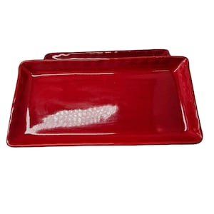 Camiche Rectangle Red Ceramic Plate Platter 11.5" x 6" Pinched Edges Italian VTG
