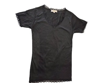 Jean-Louis Scherrer Paris 90s Black Cotton Short Slv Tee Sz S Lace Trim VNeck