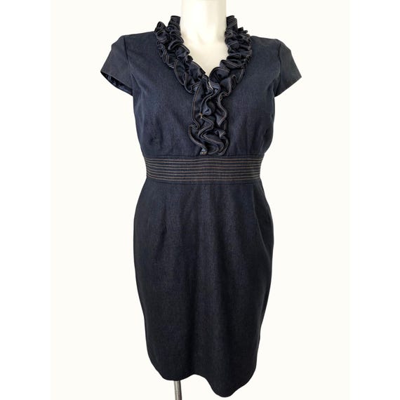 dressbarn denim dress Stretch Sheath Sz 14 Ruffled Deep V-neck Cap Slv Blue Y2K Elegant Modern Chinese-Style Blue dev-position-premiere:number:34 Shirt dressbarn everyday look. Size:44