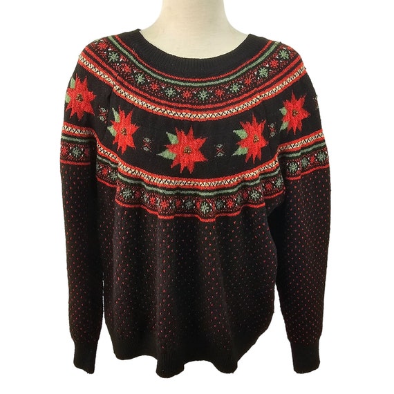 70s Fair Isle Poinsettia Holiday Sweater Crew Nec… - image 3