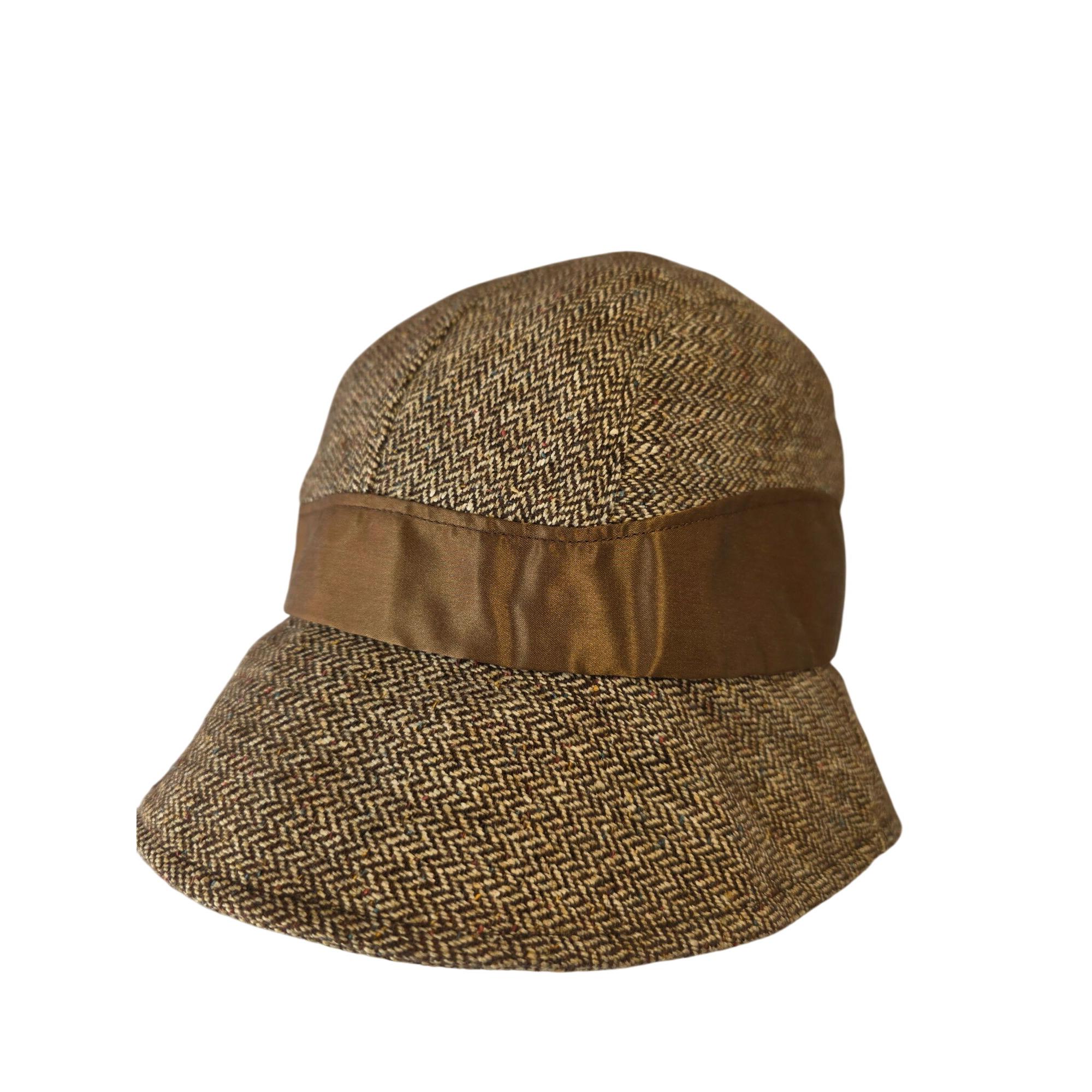 Nest Y2K Brown Wool Herringbone Cloche Bucket Hat Hand Embellished Silk Band Nest Y2K Brown Wool Herringbone Cloche Bucket Hat Hand  main image 3