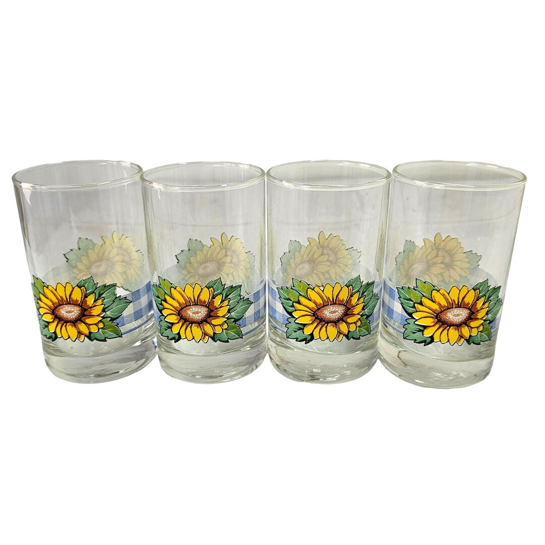 Vintage Signed Crisa Sunflower Juice Glasses 6 Oz Capacity Set of 4
