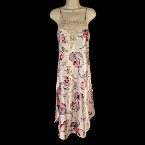 80s California Dynasty Pink Floral Lace Satin Nightgown Size M Beige Lace Accent